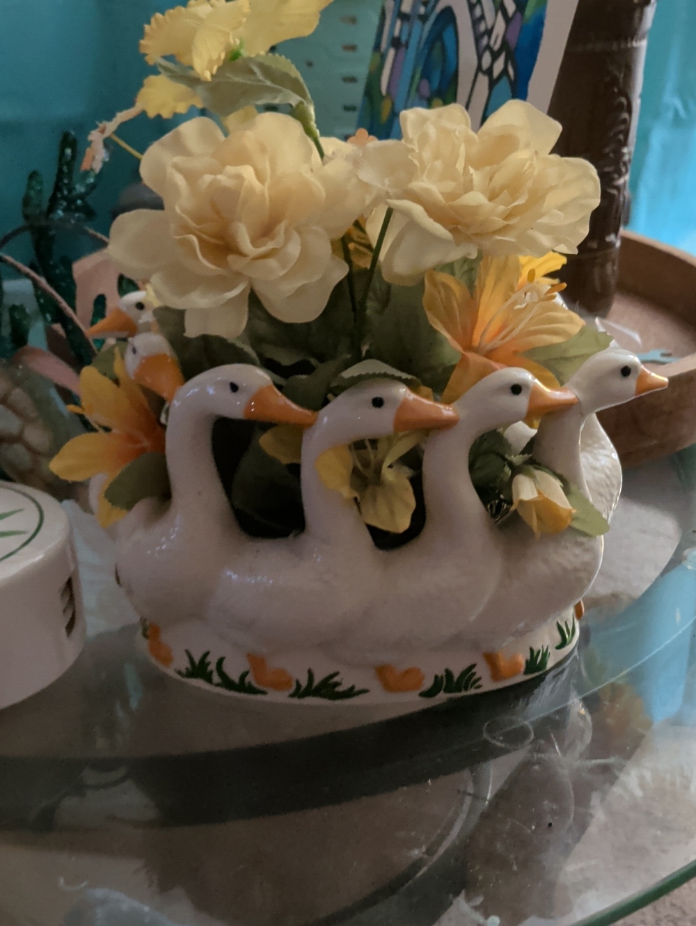 Ceramic Goose Planter with Yellow Floral Arrangement